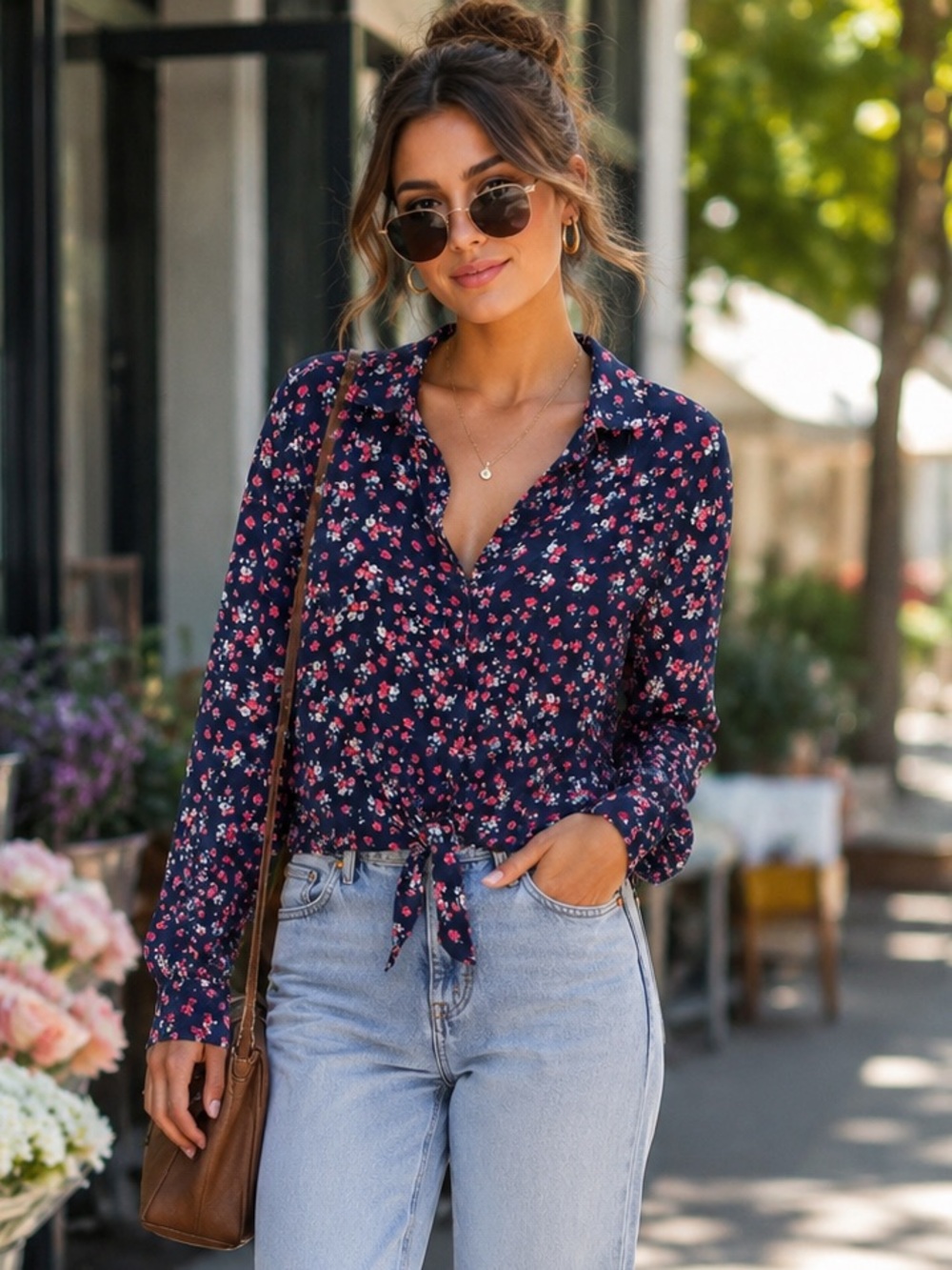 77B. ecru Navy Floral Button-Down Tie-Hem Blouse
